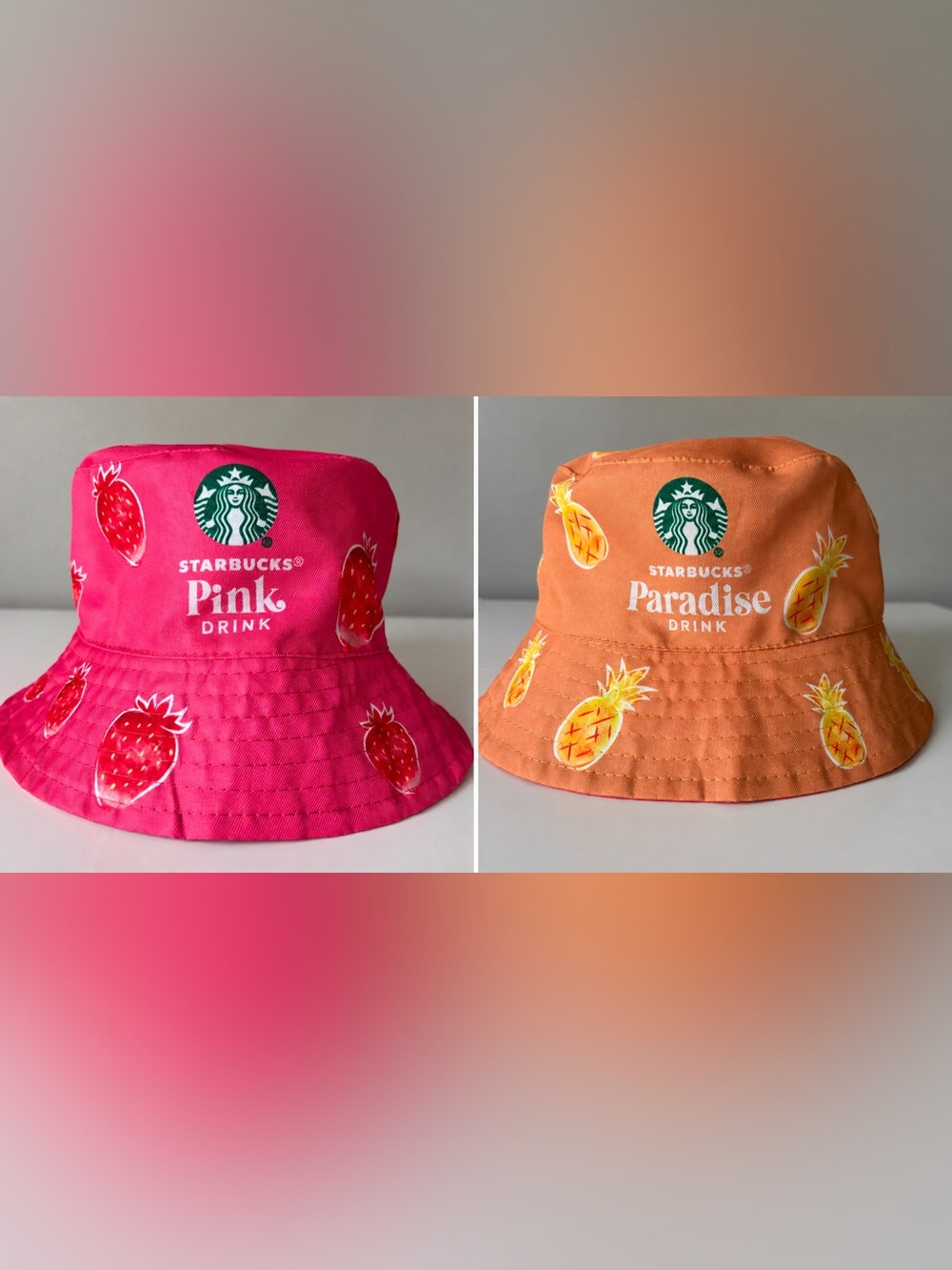 Starbucks Reversible Bucket Hat Pink Strawberry Paradise Pineapple